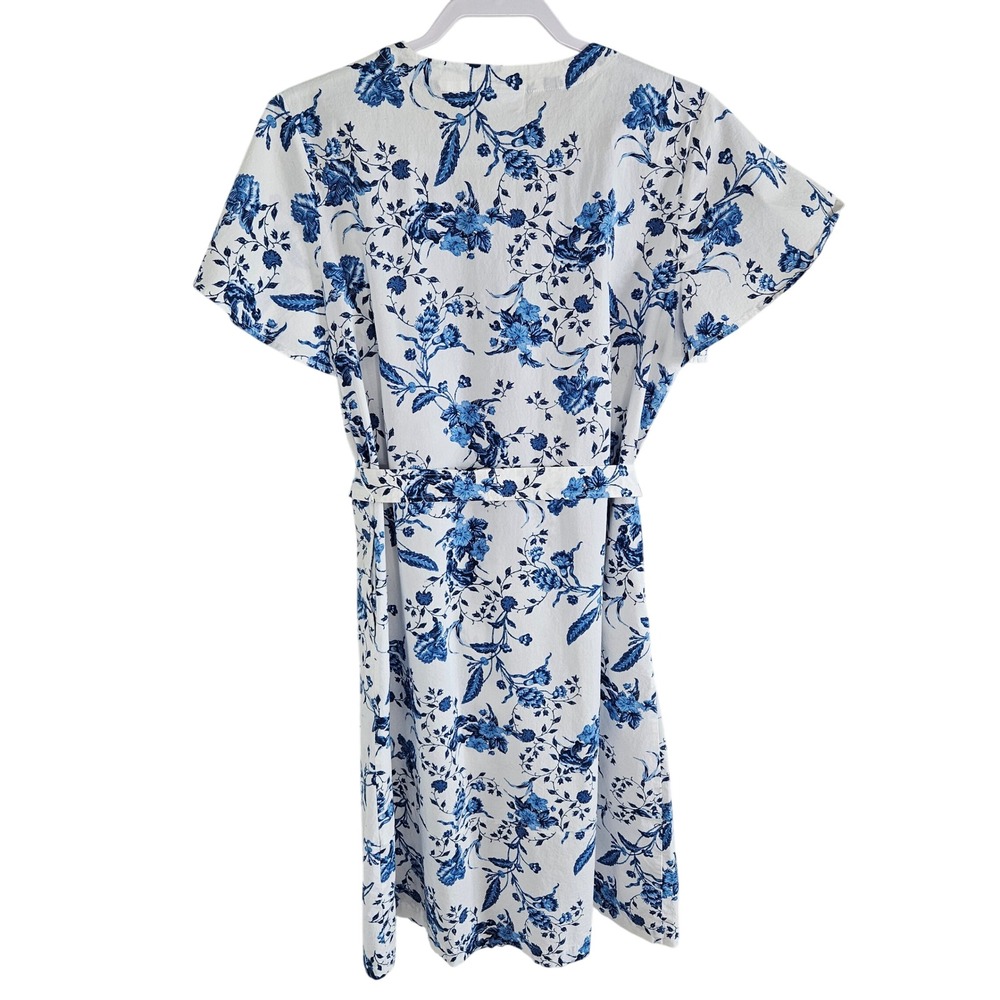 VTG Liz Claiborne Size L Shirt Dress Blue/White Tie Belt Floral Cotton Classic - Picture 2 of 11